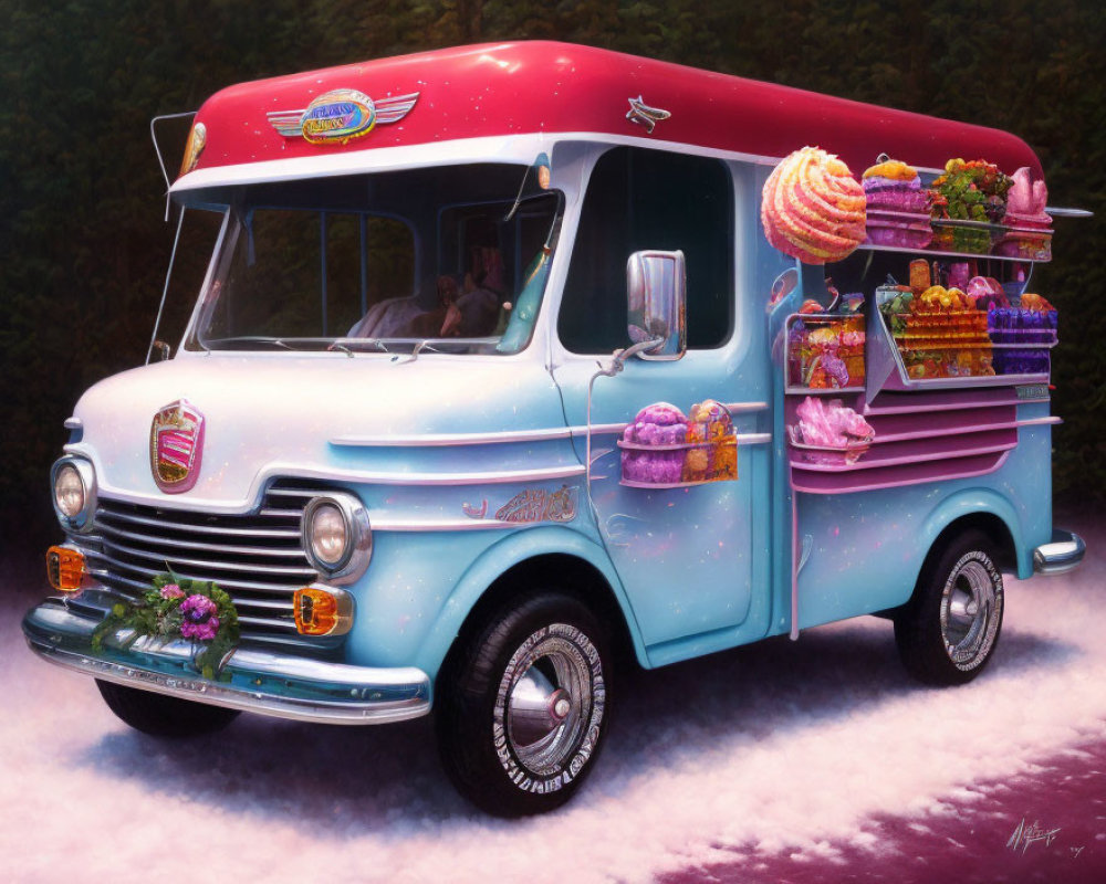 Whimsical vintage ice cream truck with vibrant desserts on dreamy backdrop