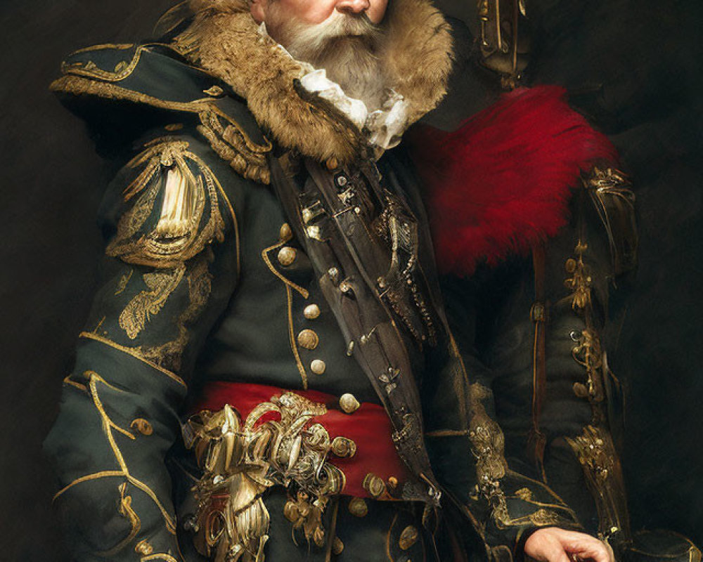 Regal man in military uniform with gold epaulets and sword hilt