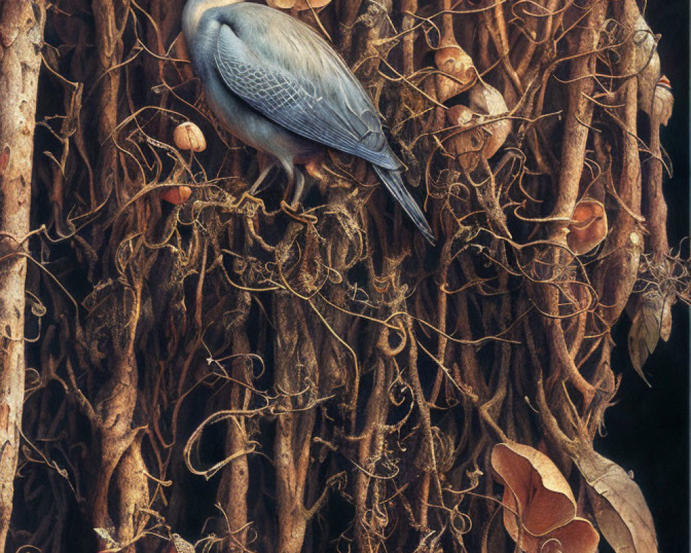 Blue-grey bird on textured tree trunk with twisting vines, mushrooms, and dry leaves.