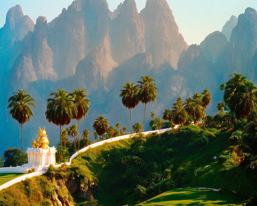 Scenic view: palm trees, golden statue, winding path, mountains, blue sky