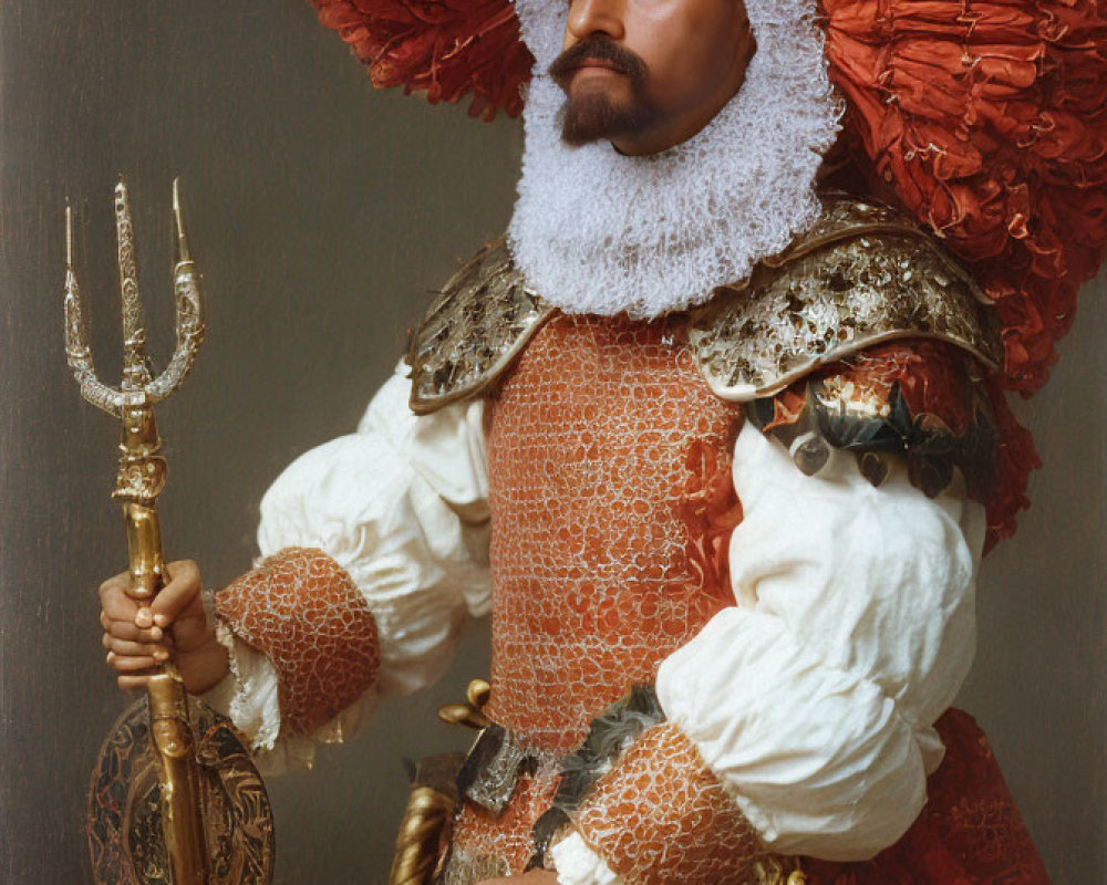 Man in Historical Costume with Ruffled Collar and Trident