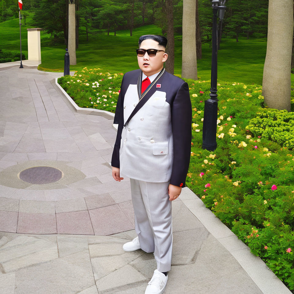 Political Figure Look-Alike in Sunglasses & Suit on Pathway