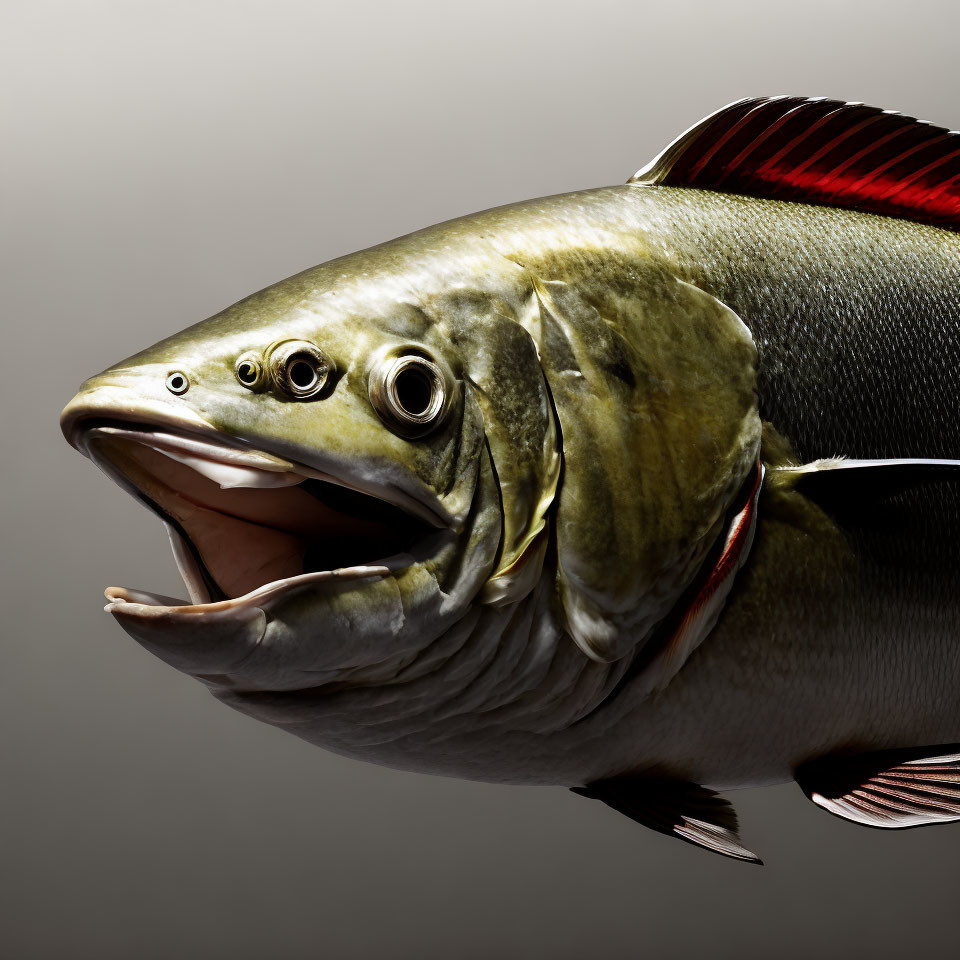 Detailed close-up of large fish with open mouth and intricate scales and gills on gradient backdrop