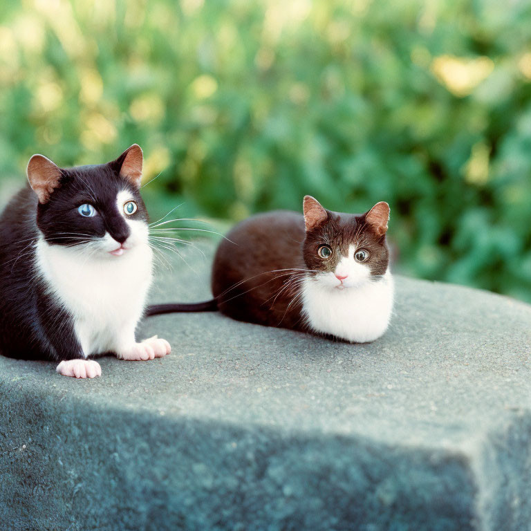 Black and White Cats with Blue Eyes on Stone Surface with Green Foliage