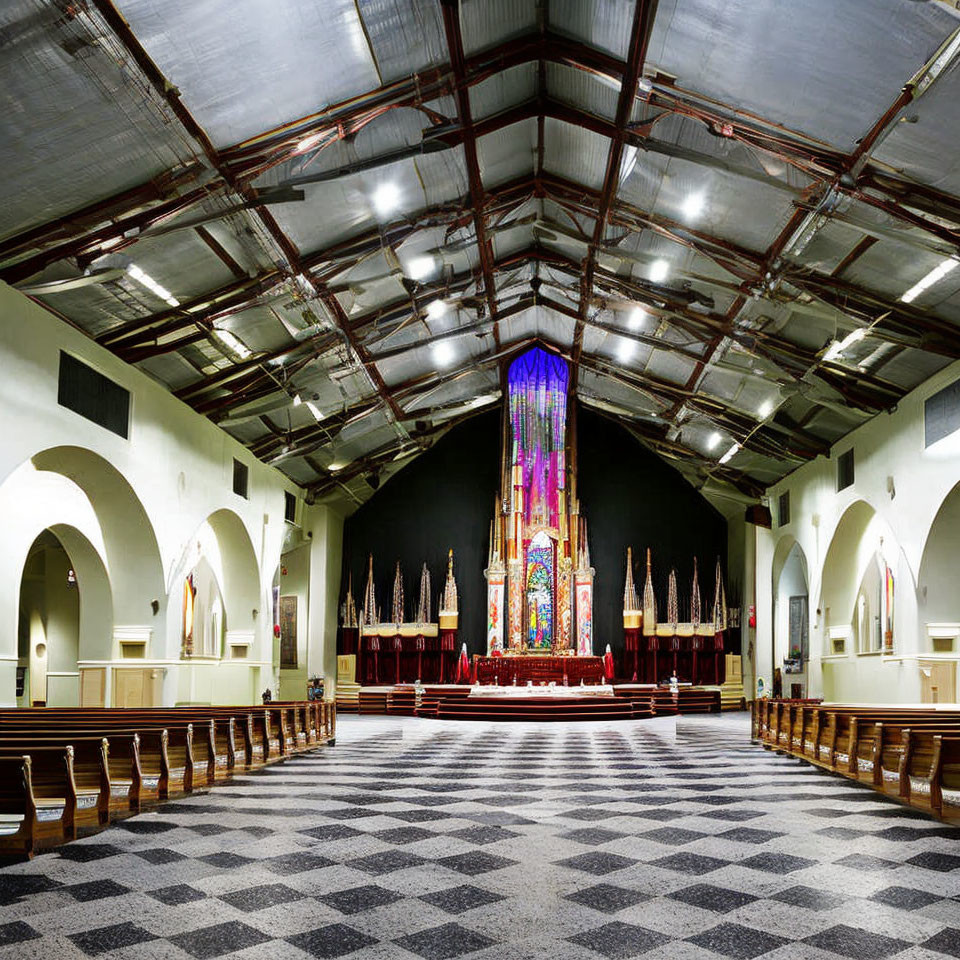 Spacious Church Interior with Checkered Flooring and Stained Glass Window