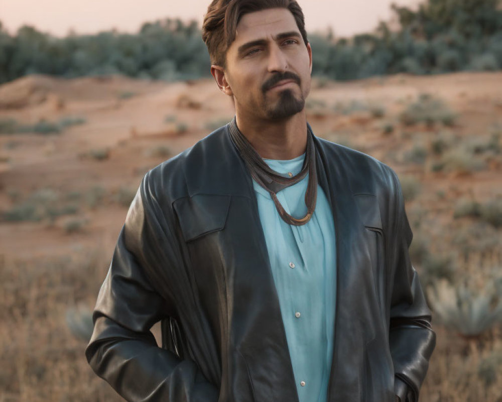 Man in teal shirt and black leather jacket in desert at dusk