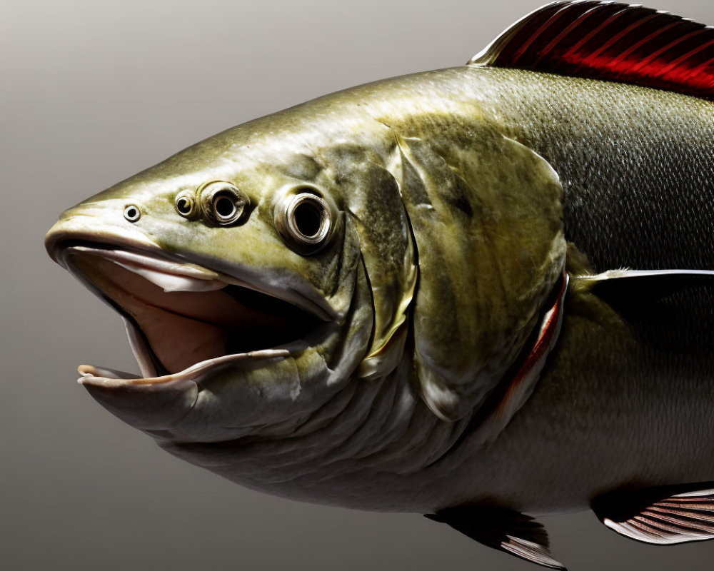 Detailed close-up of large fish with open mouth and intricate scales and gills on gradient backdrop