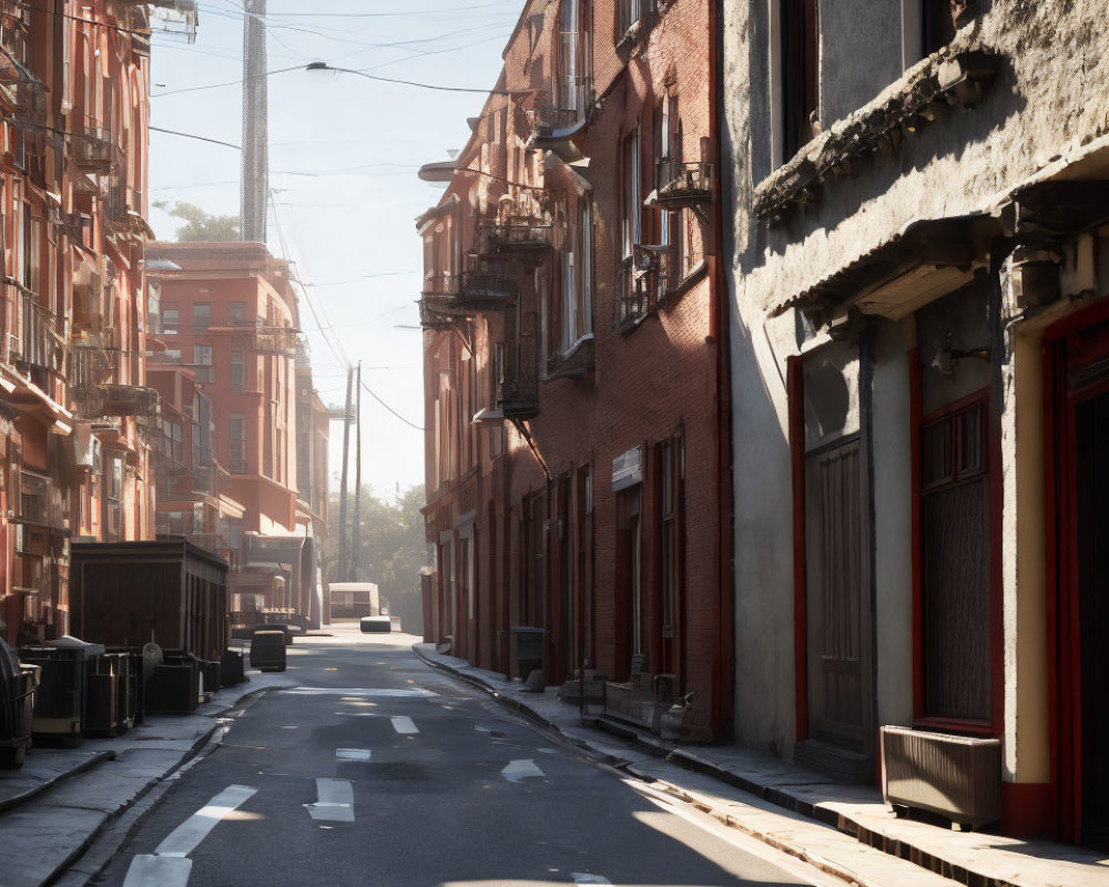 Weathered urban street scene with old buildings in soft sunlight