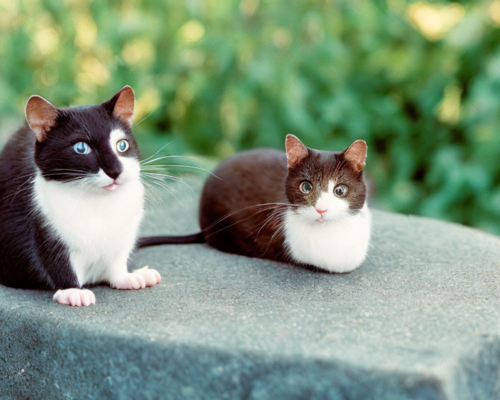 Black and White Cats with Blue Eyes on Stone Surface with Green Foliage