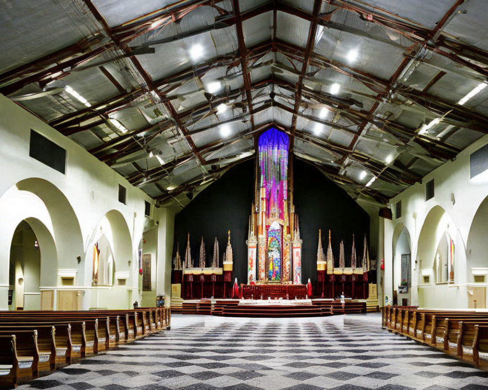 Spacious Church Interior with Checkered Flooring and Stained Glass Window