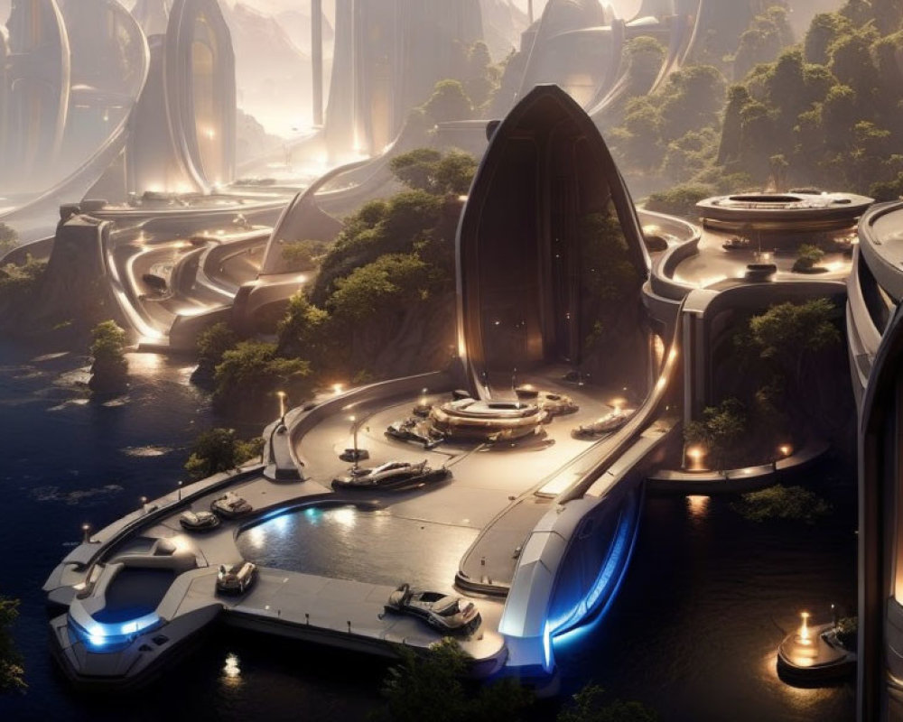 Sleek Futuristic Cityscape with Illuminated Bridges and Advanced Vehicles