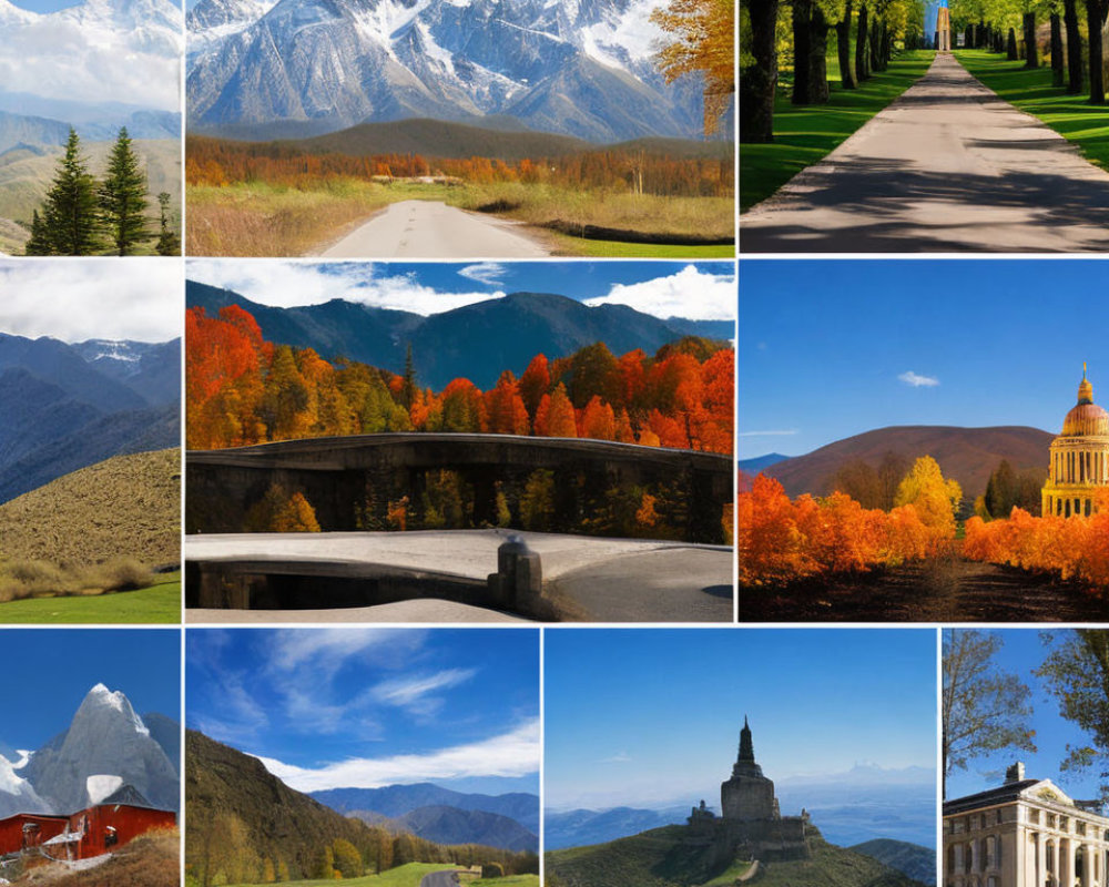 Scenic Mountain Ranges, Autumn Forests, and Historic Buildings Collage