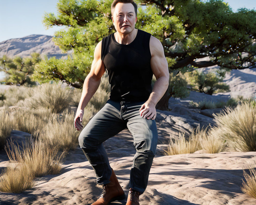 Muscular person in black tank top and jeans in desert setting