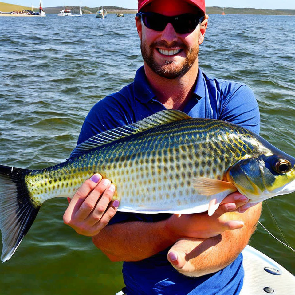 Smiling man with striped bass fish on sunny day