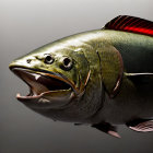 Detailed close-up of large fish with open mouth and intricate scales and gills on gradient backdrop