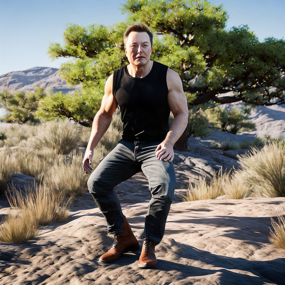 Muscular person in black tank top and jeans in desert setting