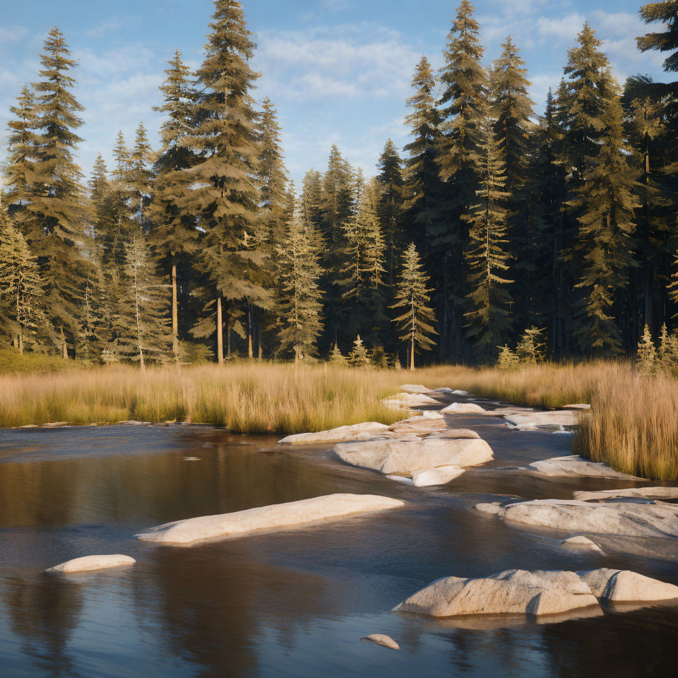 Tranquil forest river with stepping stones at golden hour