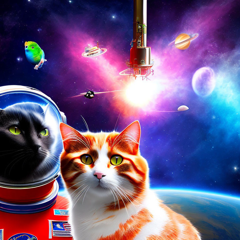 Whimsical space scene with orange-and-white cat, black cat in astronaut helmet, planets, spaces