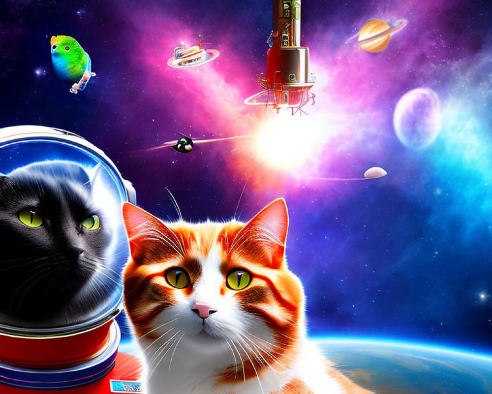 Whimsical space scene with orange-and-white cat, black cat in astronaut helmet, planets, spaces