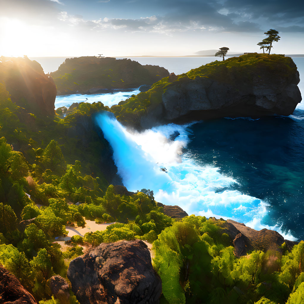 Tropical Cove with Cascading Waterfall and Lush Greenery