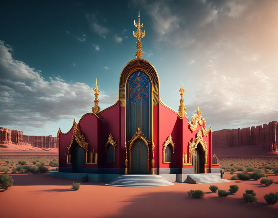 Ornate red building with golden details in desert setting