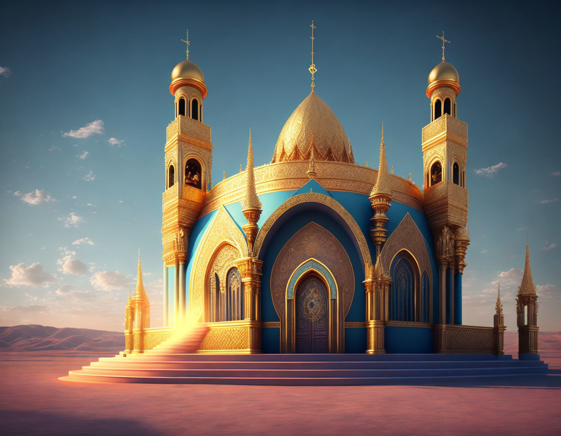 Golden-domed palace with ornate towers in desert sunset landscape