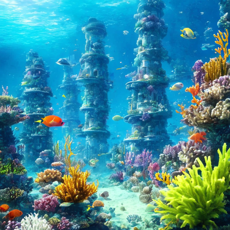 Colorful Coral Reefs and Fish in Fantasy Ocean City