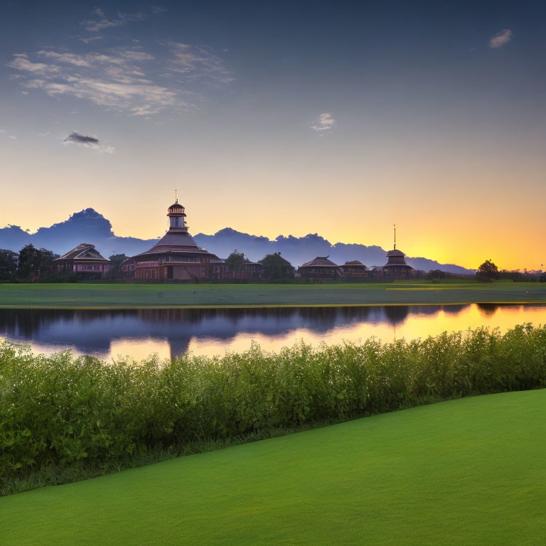 Lush Green Golf Course at Dusk with Serene Lake