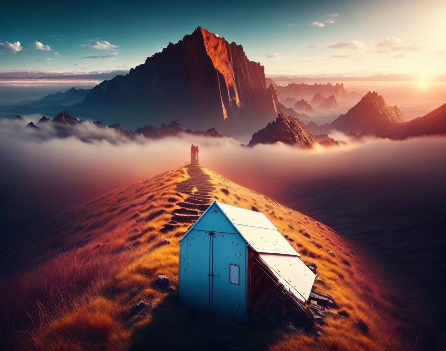 Rustic cabin on grassy ridge with mountain view at sunrise