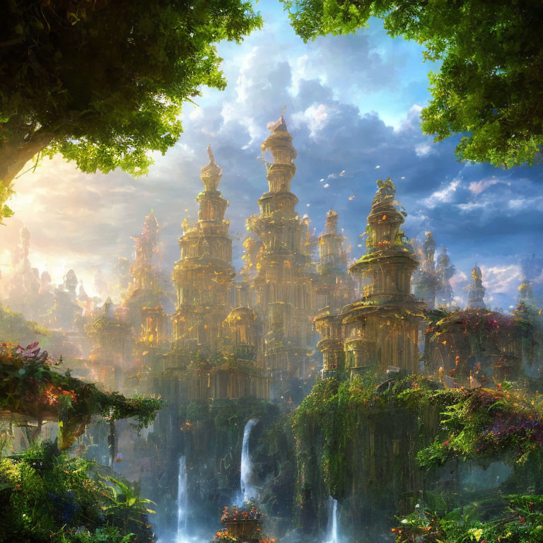 Majestic sunlit towers in enchanted landscape with waterfalls