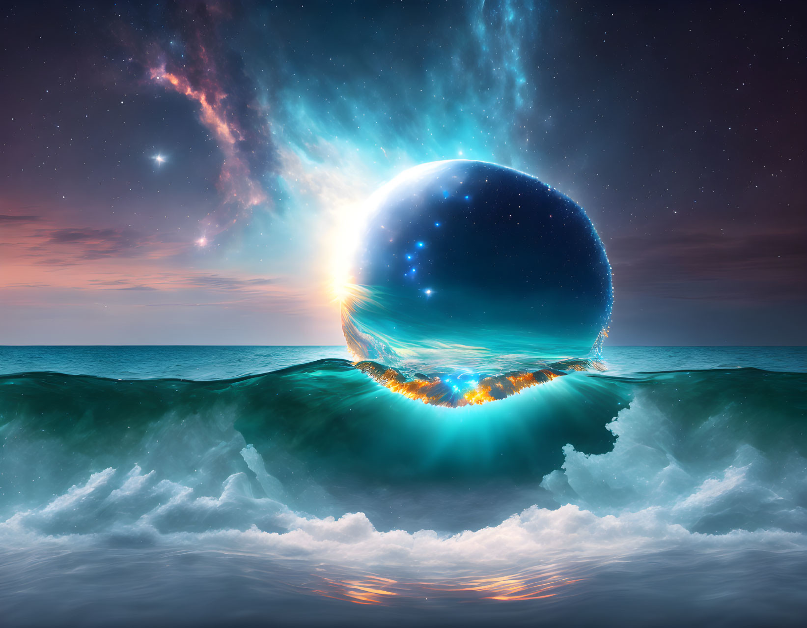 Luminous cosmic sphere over tumultuous ocean waves.