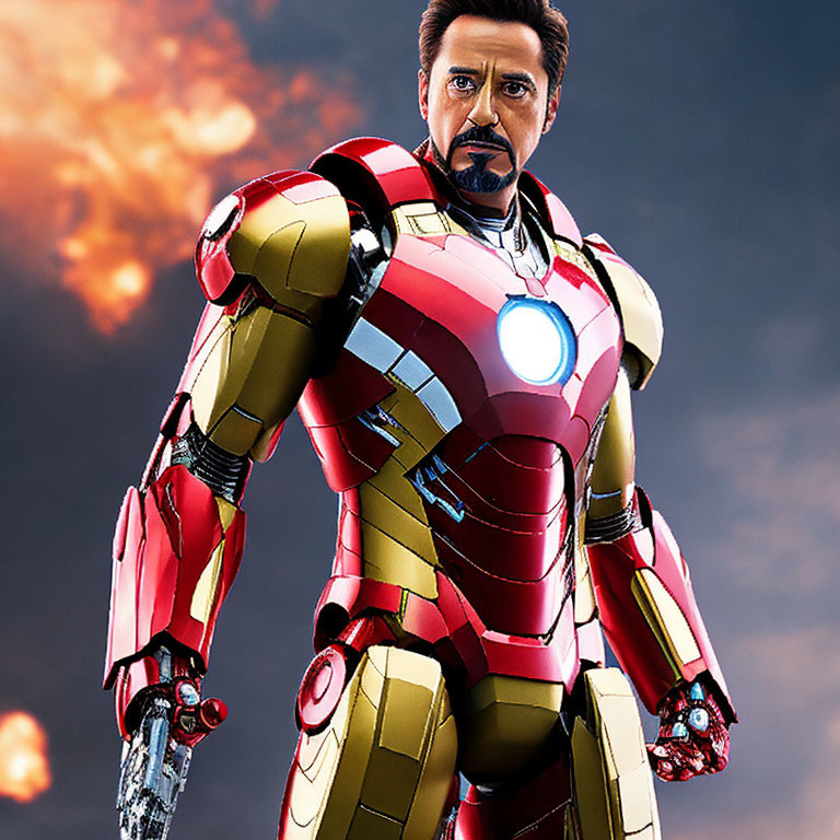 Person in Iron Man suit with glowing chest reactor in explosive background