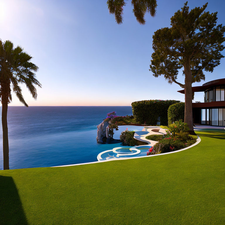 Coastal property garden with trimmed lawn, decorative bushes, sea view, rock formation, and palm