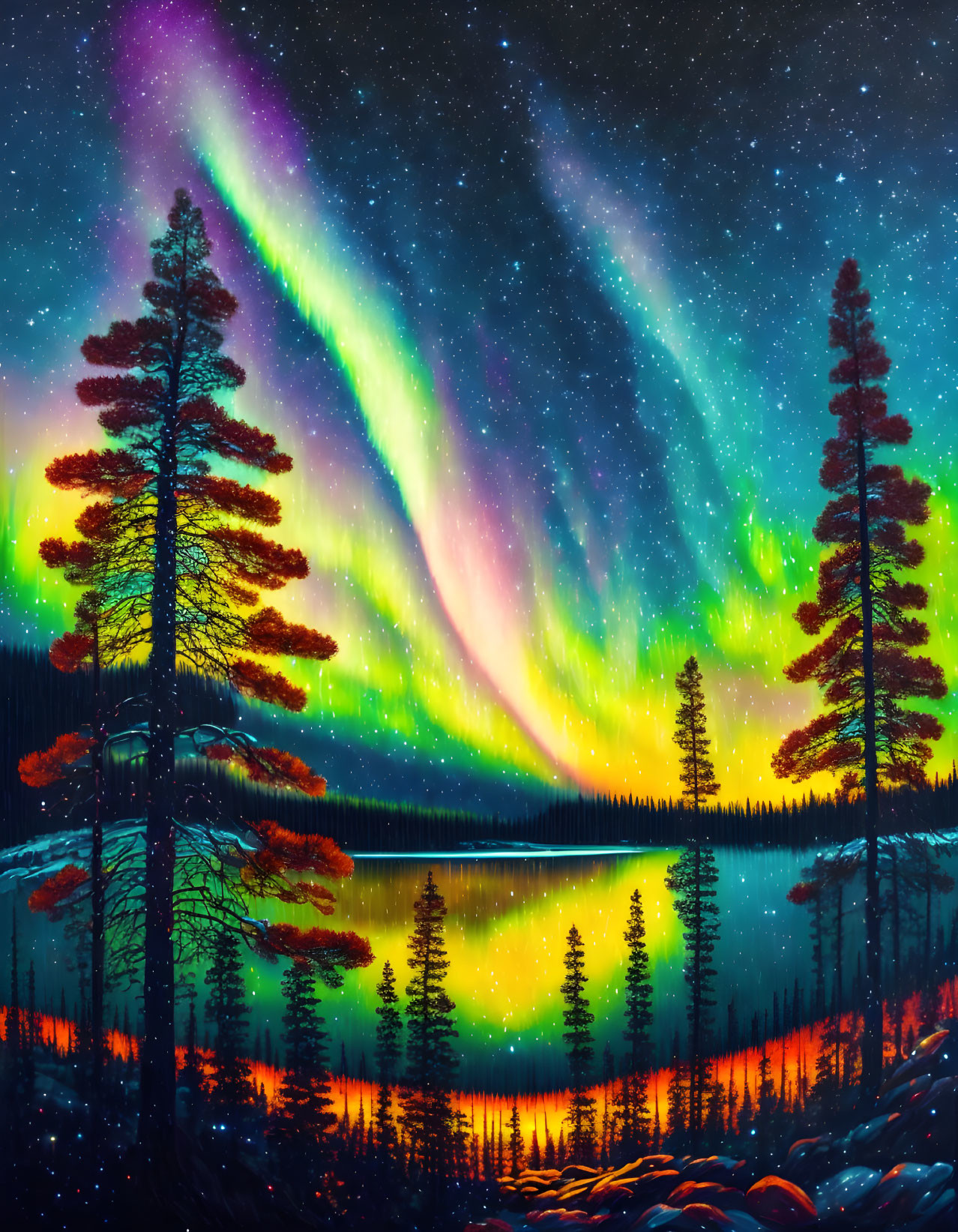 Majestic aurora borealis above tranquil lake and pine trees