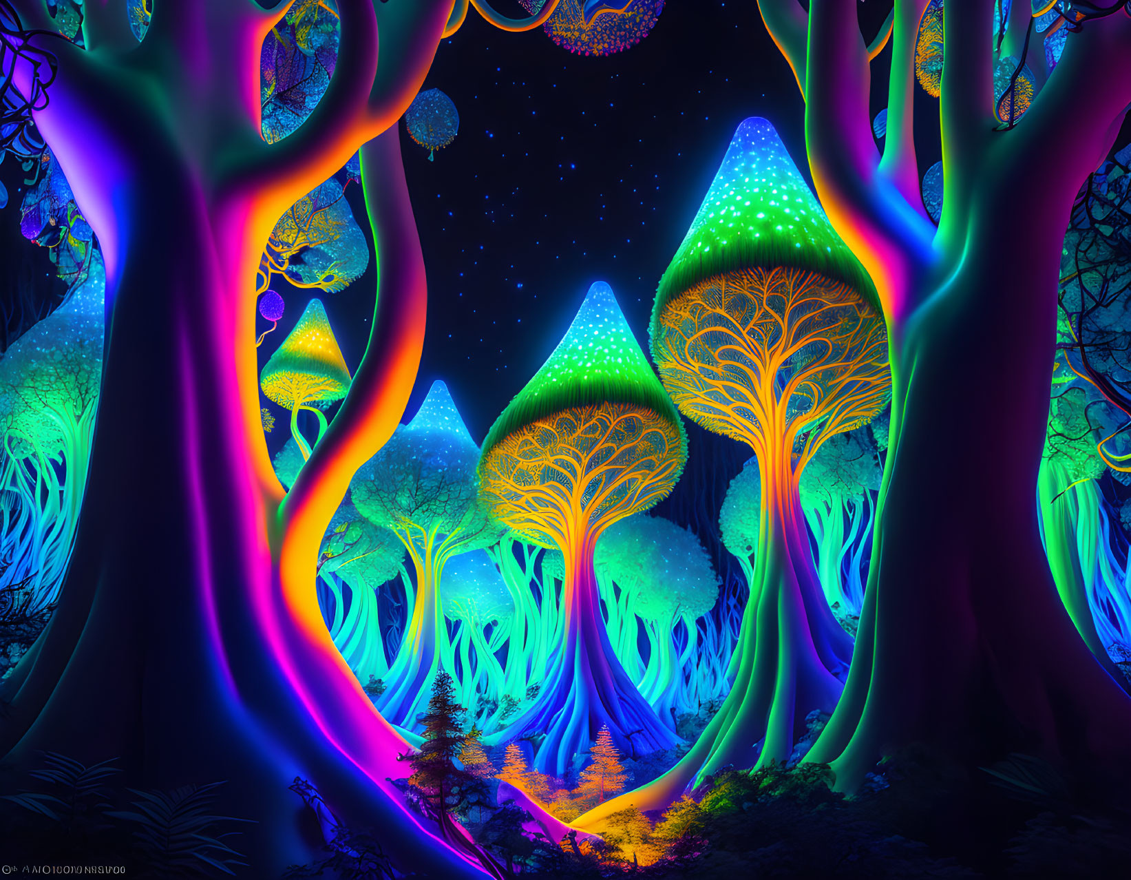 Fantastical neon forest under starry sky with luminescent trees