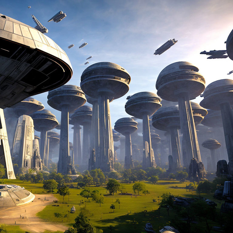 Futuristic cityscape with tall cylindrical towers and flying spaceships.