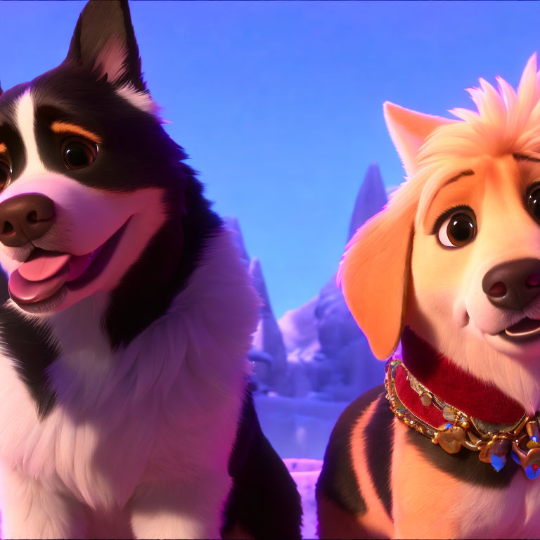 Two smiling animated dogs against snowy mountain backdrop