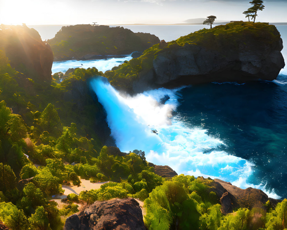 Tropical Cove with Cascading Waterfall and Lush Greenery