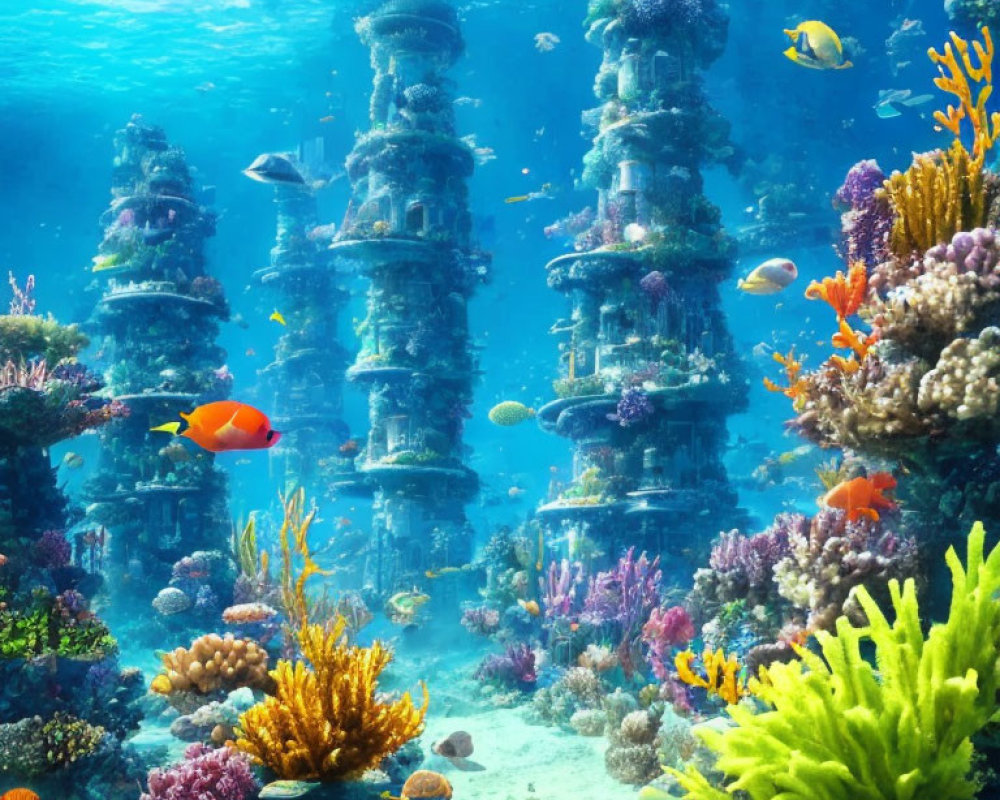 Colorful Coral Reefs and Fish in Fantasy Ocean City