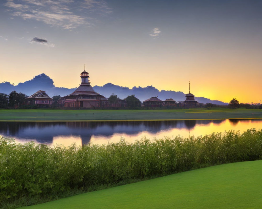 Lush Green Golf Course at Dusk with Serene Lake