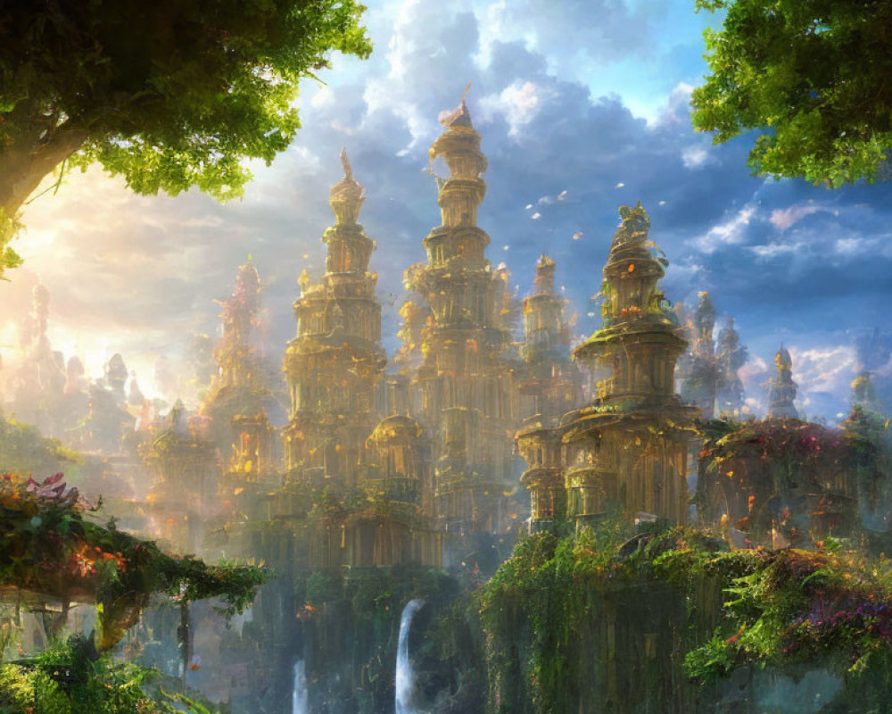 Majestic sunlit towers in enchanted landscape with waterfalls