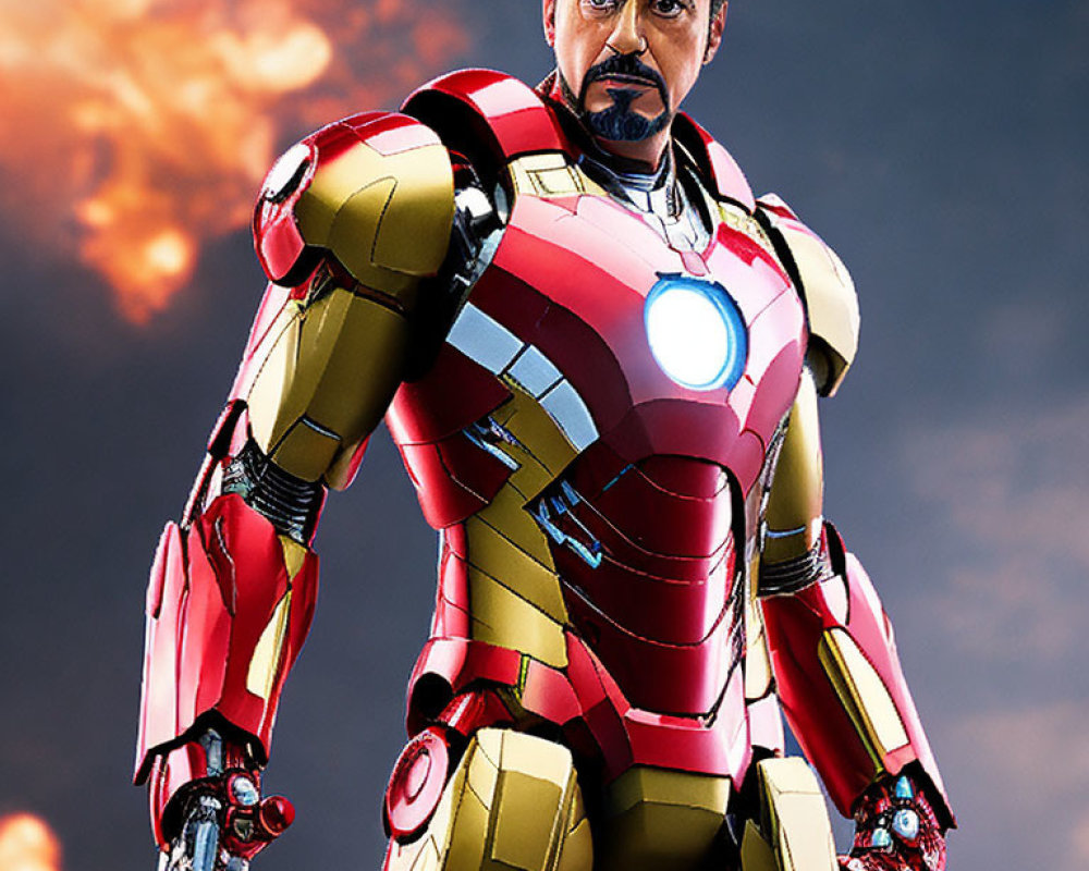 Person in Iron Man suit with glowing chest reactor in explosive background