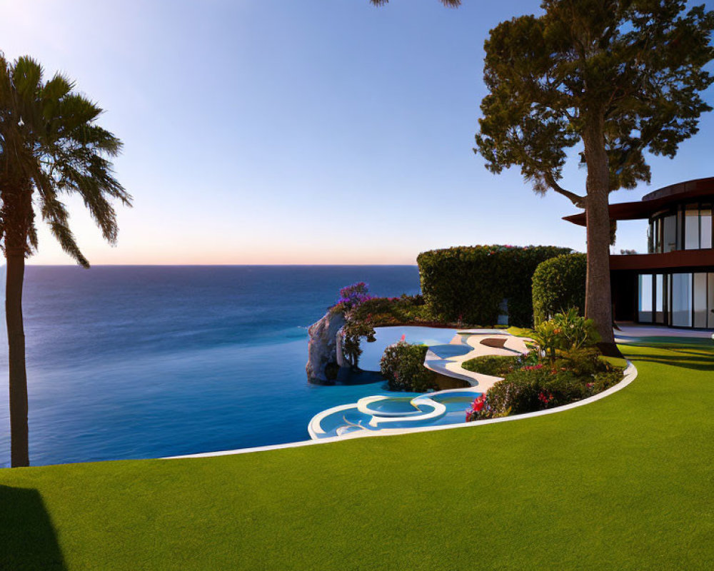 Coastal property garden with trimmed lawn, decorative bushes, sea view, rock formation, and palm