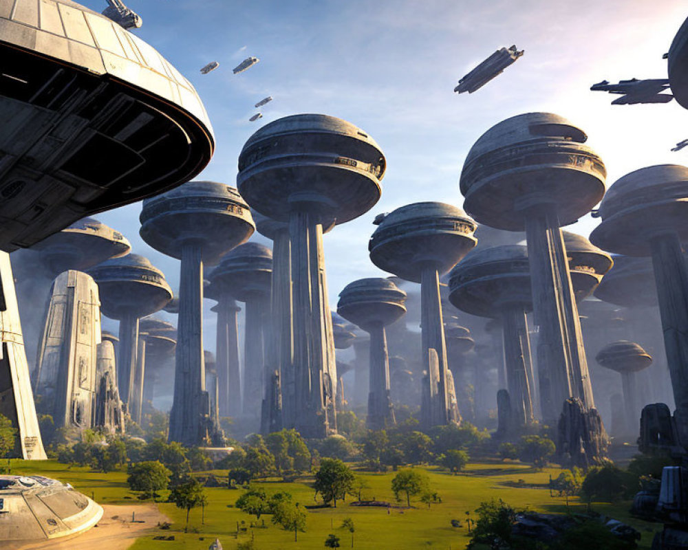 Futuristic cityscape with tall cylindrical towers and flying spaceships.