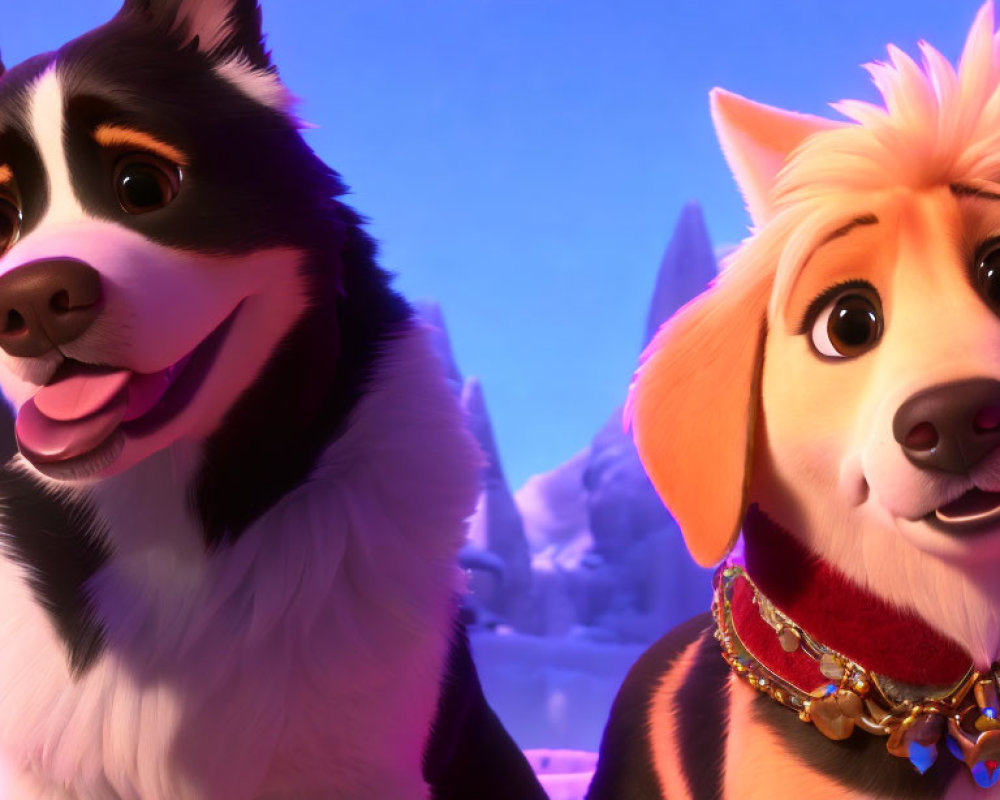 Two smiling animated dogs against snowy mountain backdrop