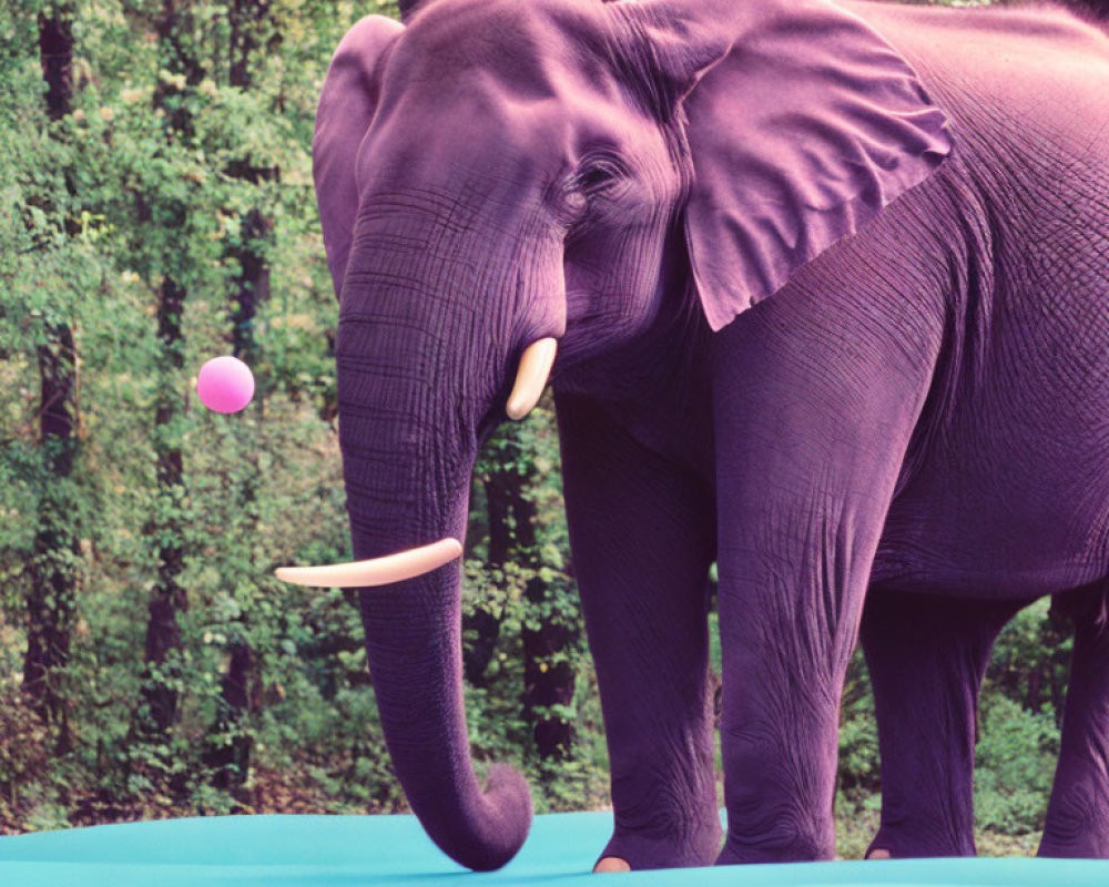 Elephant balancing pink ball on trunk with trees in background