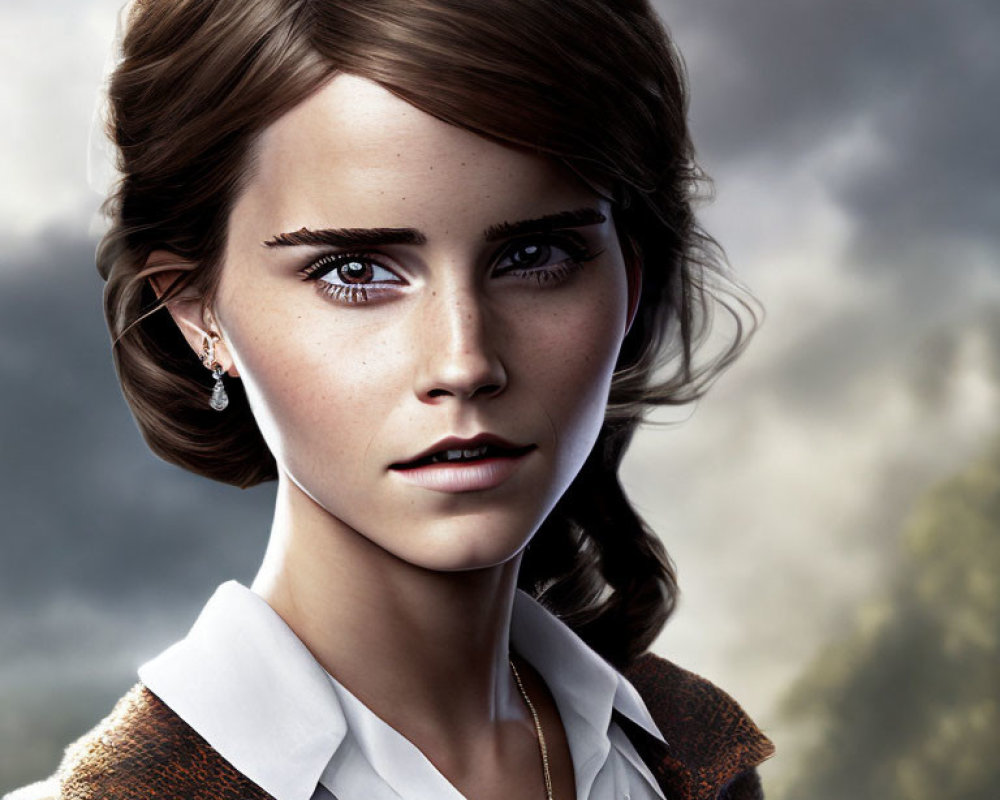 Digital artwork: Young woman with brown eyes in white blouse and brown vest against cloudy sky.