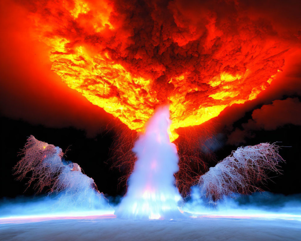 Volcanic eruption at night with fiery lava and ash clouds