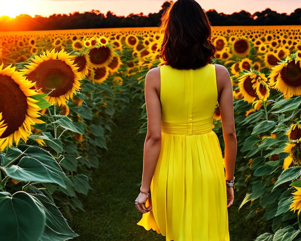 Woman in yellow dress among sunflowers at sunset