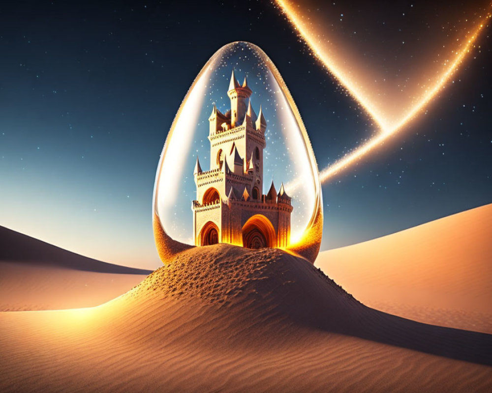 Fantastical castle under transparent dome on sand dune under starry sky.